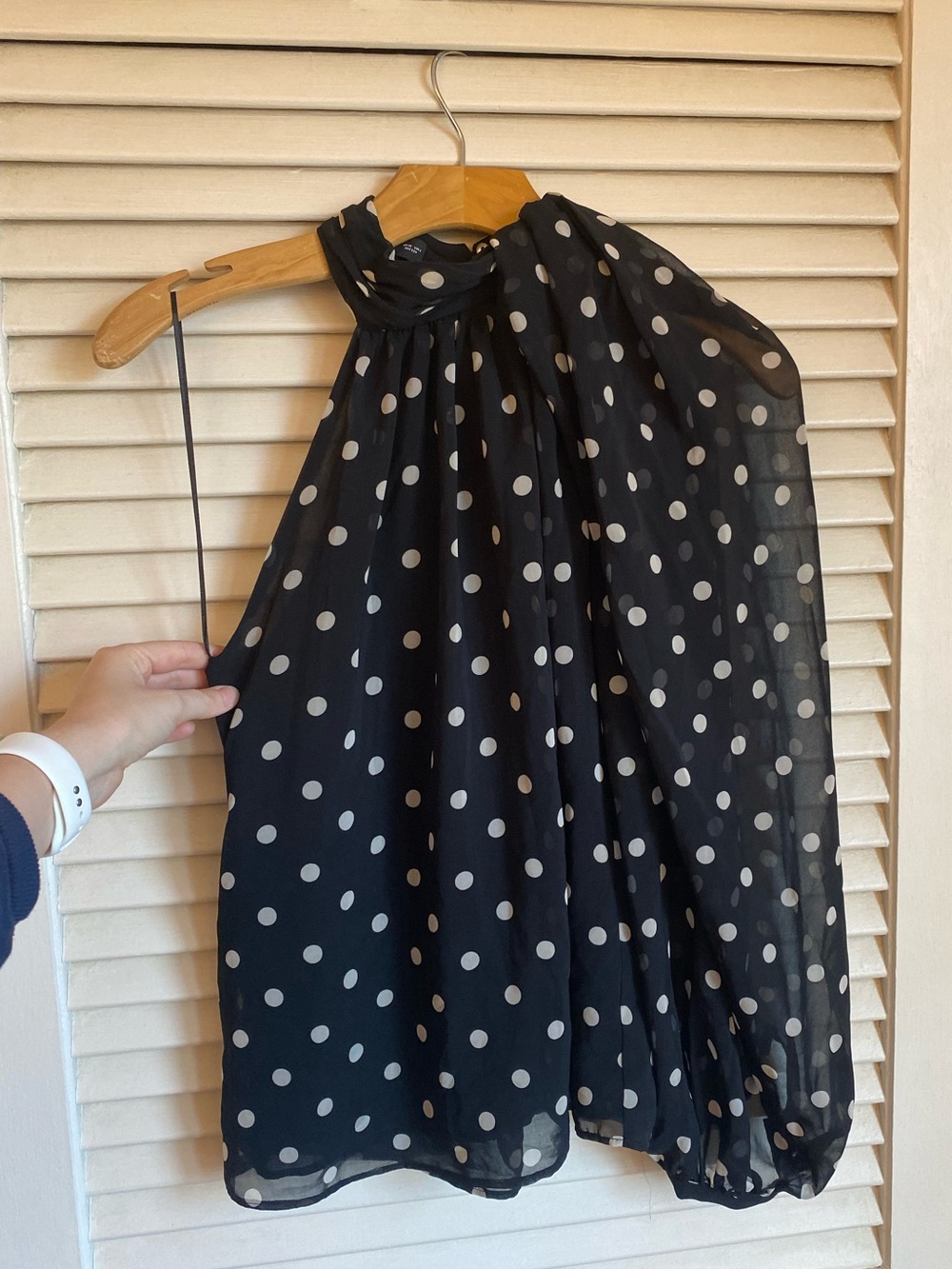 MNG Mock Neck One Shoulder Polka-Dot Blouse